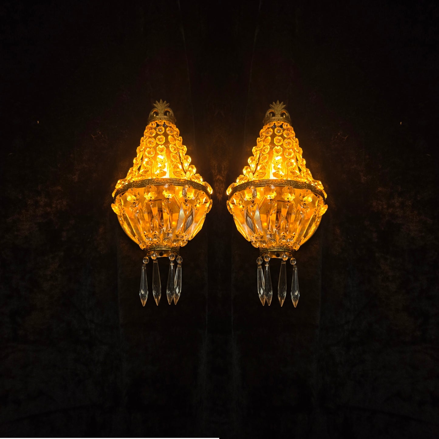 Stunning Pair Vintage French Brass Crystal Montgolfiere Sconces Wall Lights