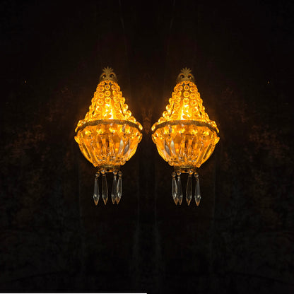 Stunning Pair Vintage French Brass Crystal Montgolfiere Sconces Wall Lights