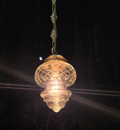 Lovely Vintage Clear Cut Glass Brass Hall Lantern Pendant Light