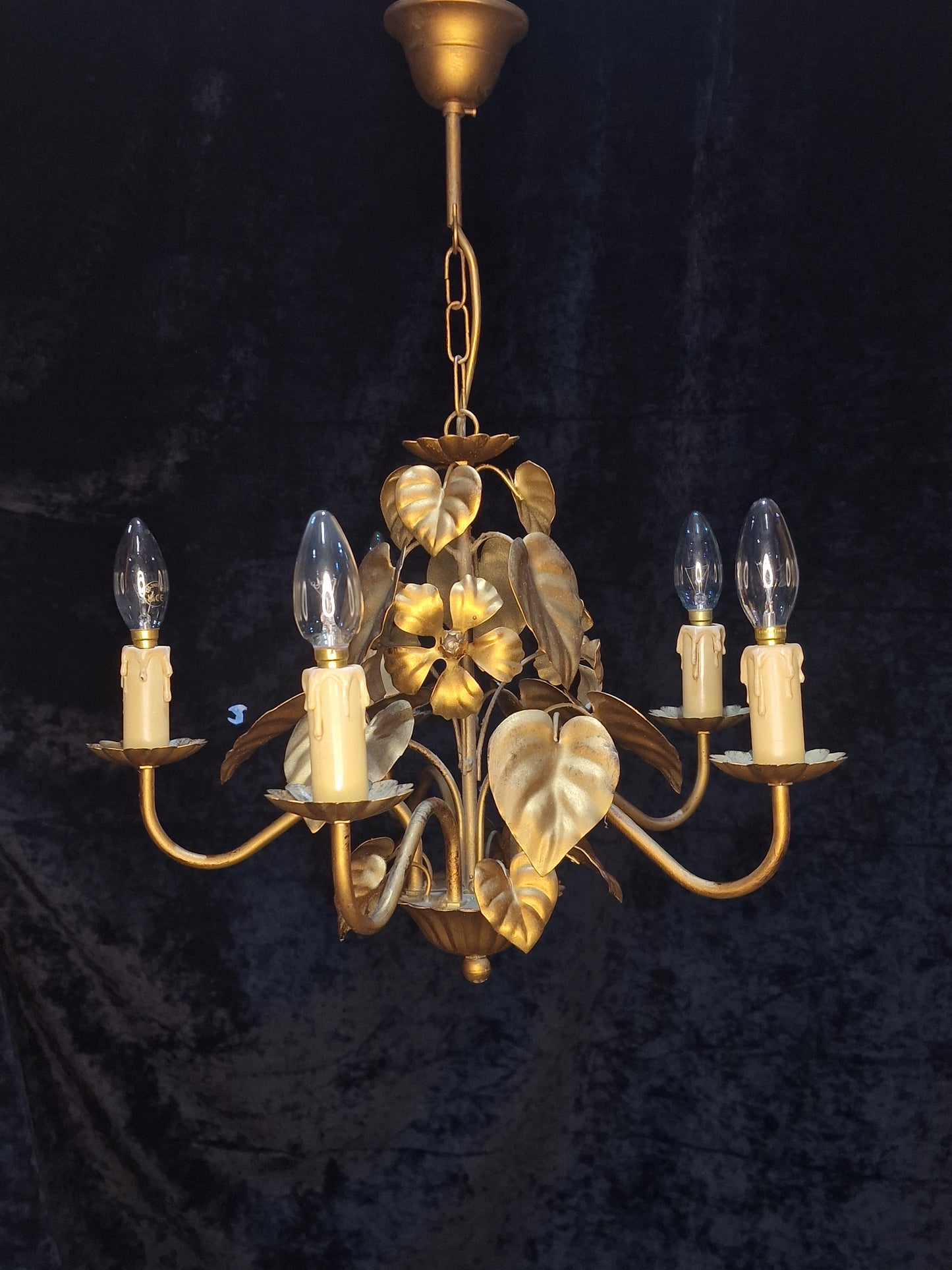 Pretty Vintage French 5 Arm Foliage Toleware Gilded Chandelier Light