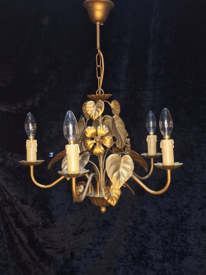 Pretty Vintage French 5 Arm Foliage Toleware Gilded Chandelier Light