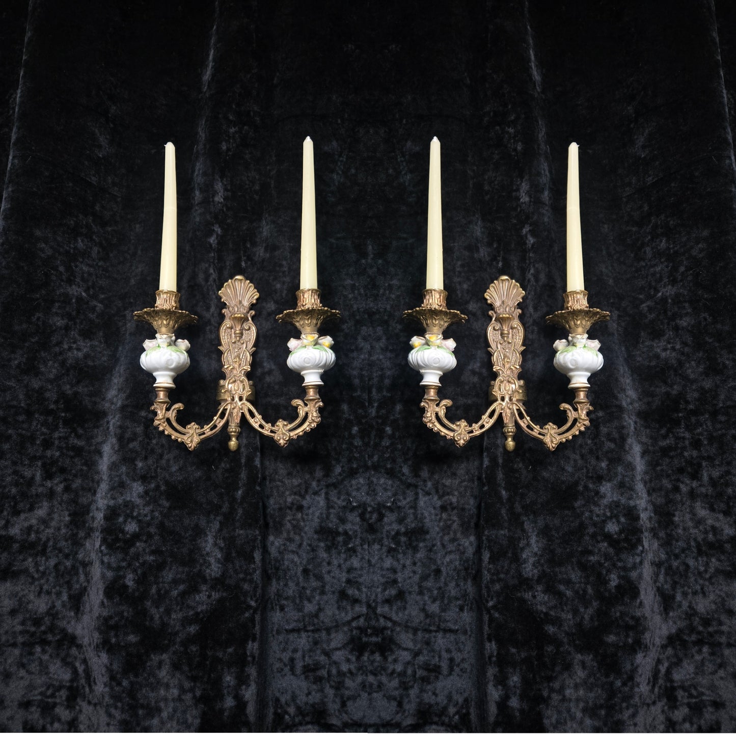 Beautiful Pair Vintage Italian 2 Arm Brass Porcelain Candle Wall Lights Sconces