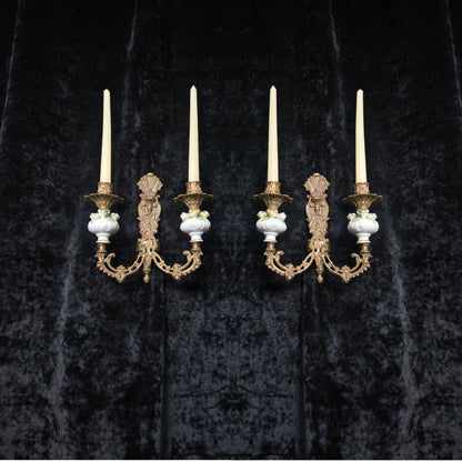 Beautiful Pair Vintage Italian 2 Arm Brass Porcelain Candle Wall Lights Sconces