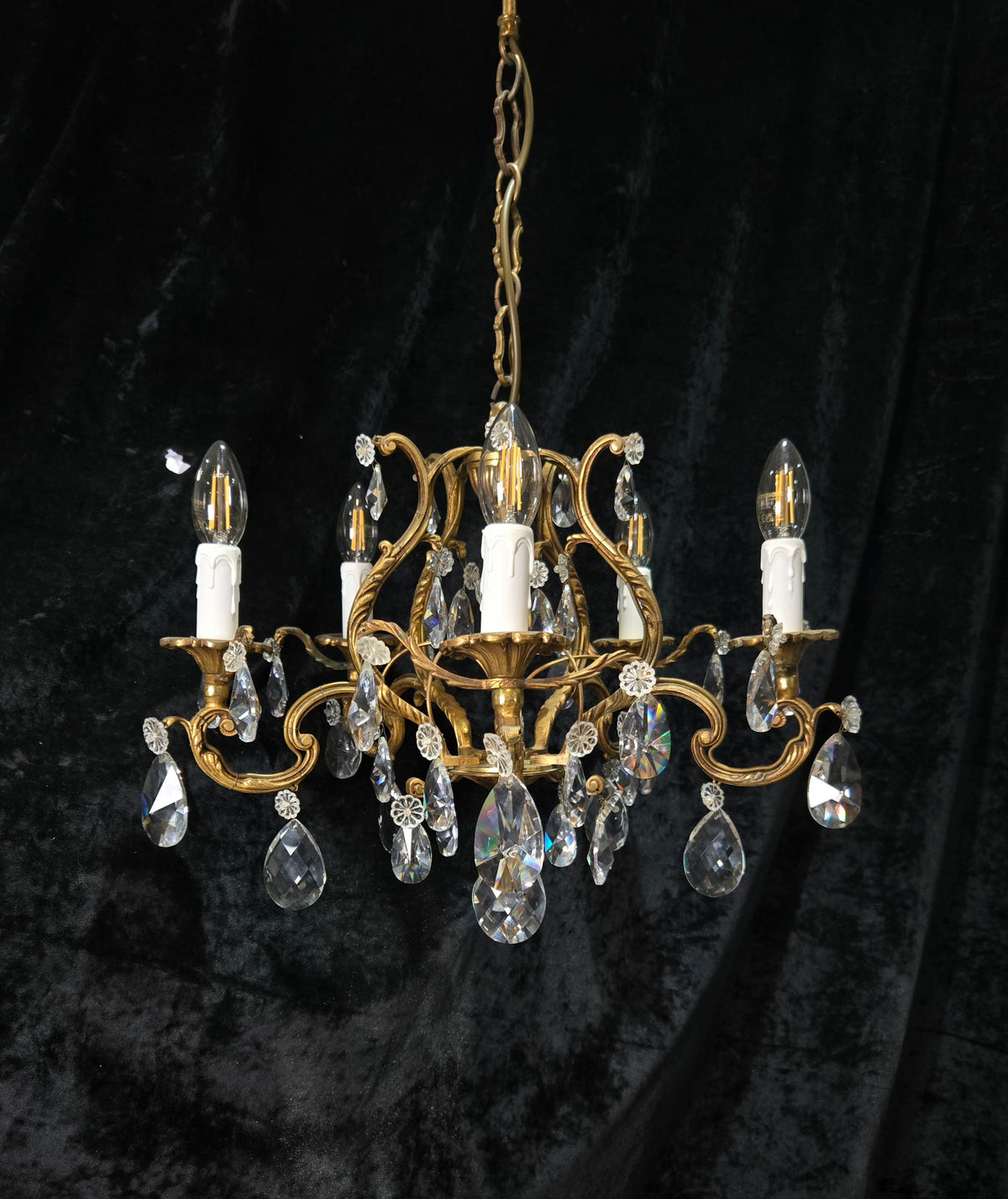 Traditional Antique French 5 Arm Heavy Bronze Cage Crystal Chandelier Light