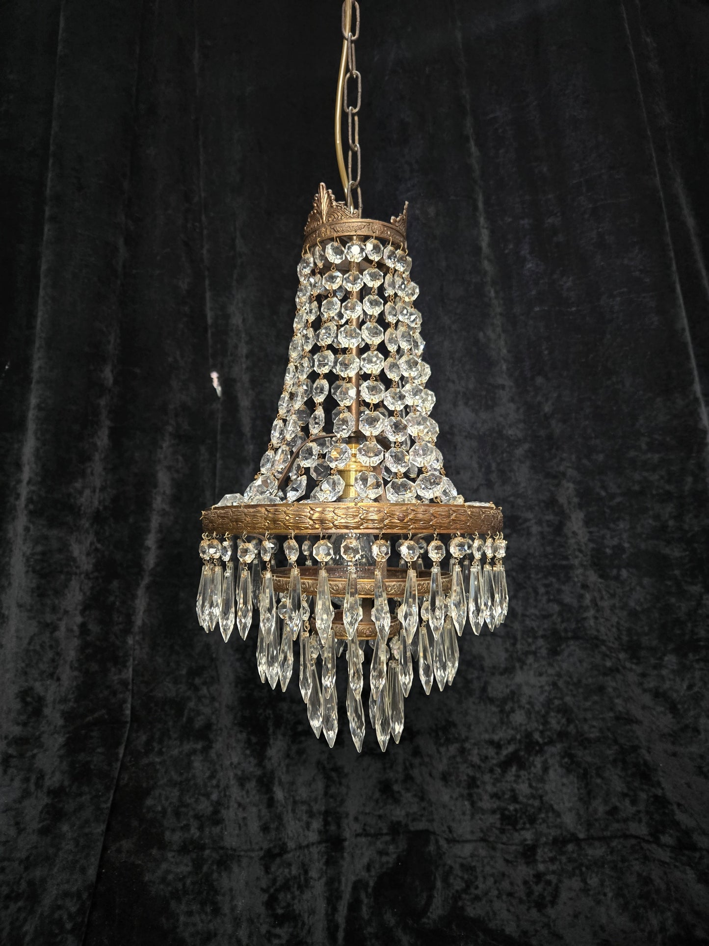Beautiful Antique French 3 Tier Waterfall Montgolfiere Crystal Brass Chandelier