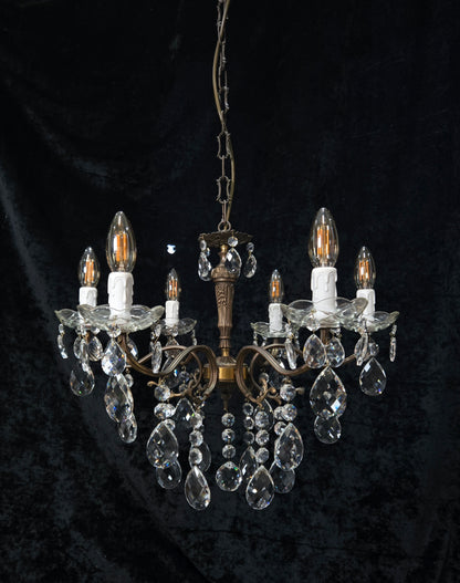Traditional Vintage French 6 Arm Brass Crystal Glass Chandelier Ceiling Light