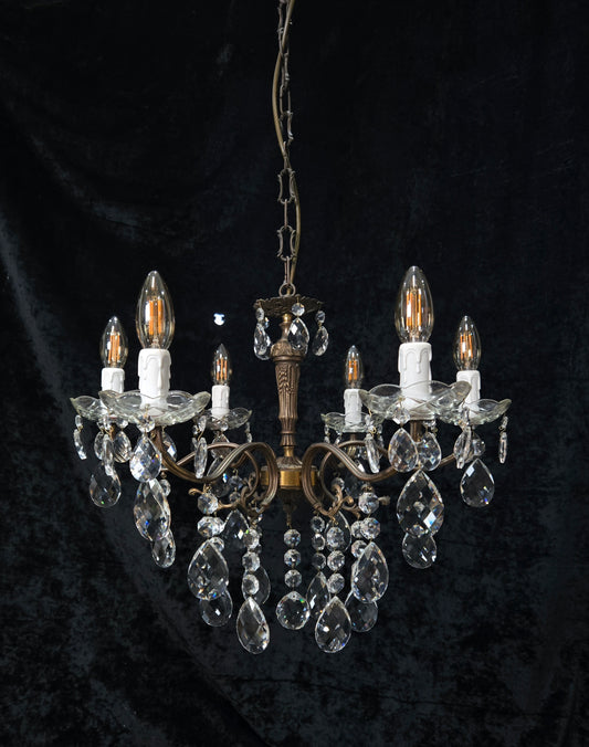 Traditional Vintage French 6 Arm Brass Crystal Glass Chandelier Ceiling Light