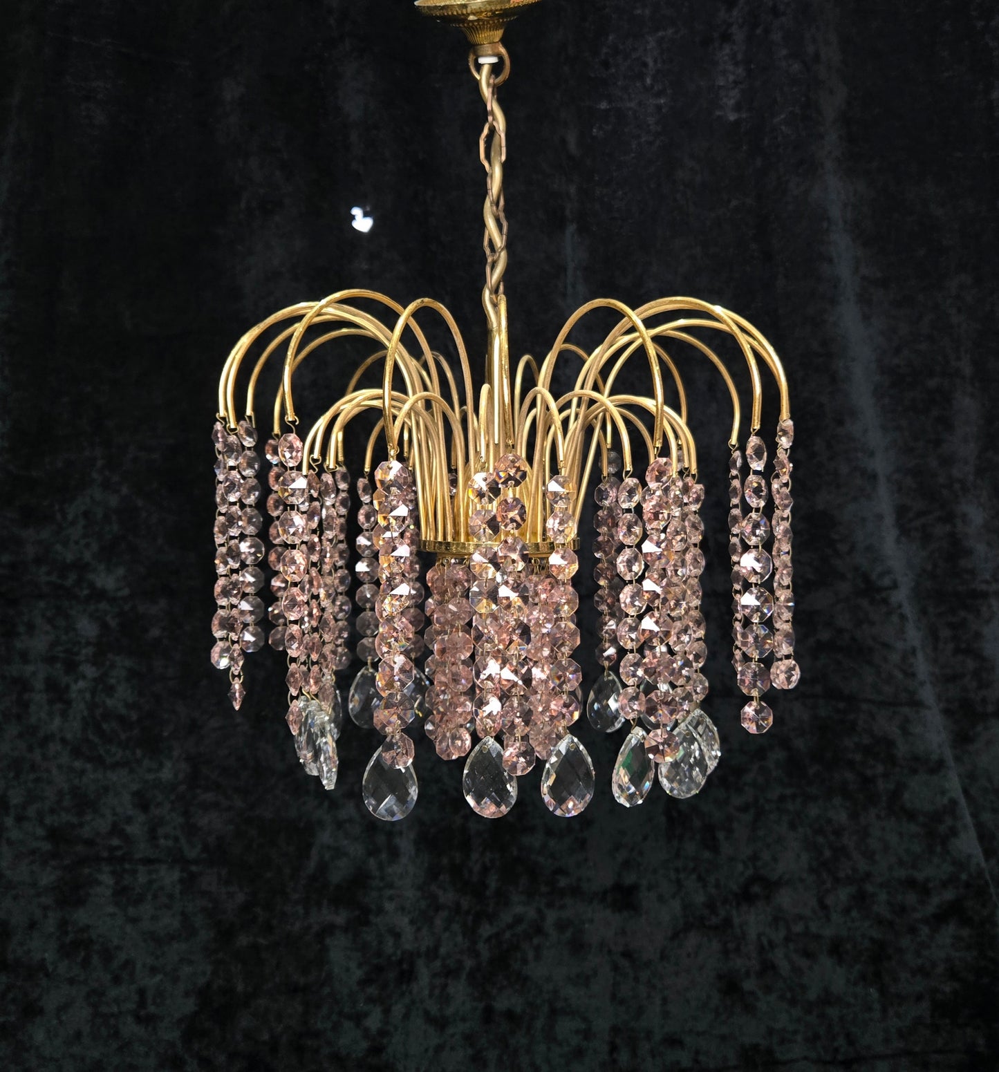 Very Pretty Vintage Italian 1 Light Cascading Pink and Clear Crystal Chandelier (3 for sale)