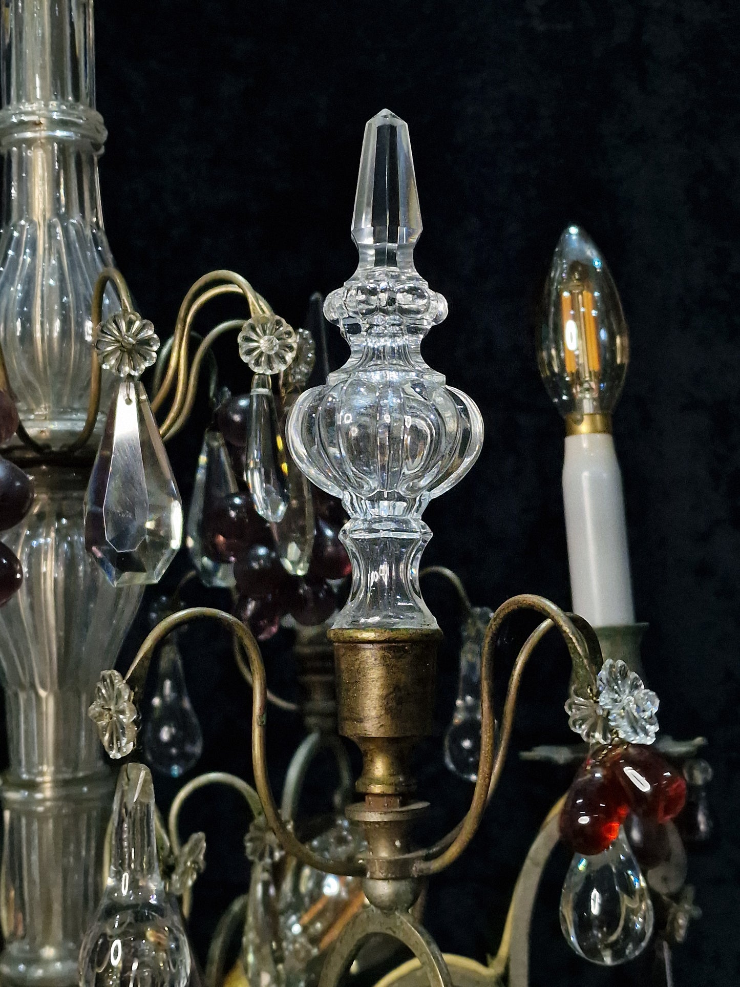 Exceptional Antique French 6 Light Murano Grape Crystal Solid Brass Chandelier