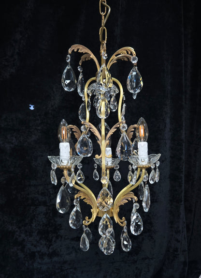 Beautiful Vintage Italian 3 Arm Brass Crystal Cage Leaf Chandelier Ceiling Light