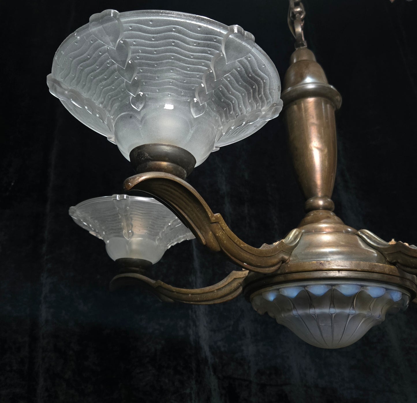 Large Antique French EZAN Art Deco 5 Arm 6 Light Brass Heavy Chandelier Light