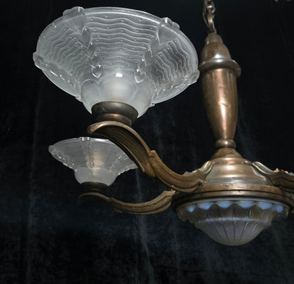 Large Antique French EZAN Art Deco 5 Arm 6 Light Brass Heavy Chandelier Light