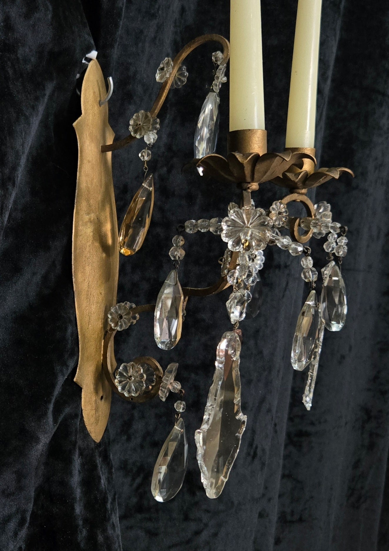 Fabulous Pair Vintage Italian 2 Arm Gilded Wrought Iron Crystal Candle Sconces