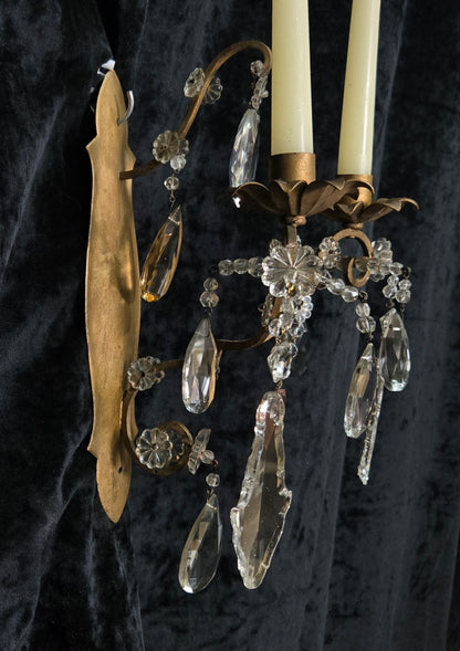 Fabulous Pair Vintage Italian 2 Arm Gilded Wrought Iron Crystal Candle Sconces