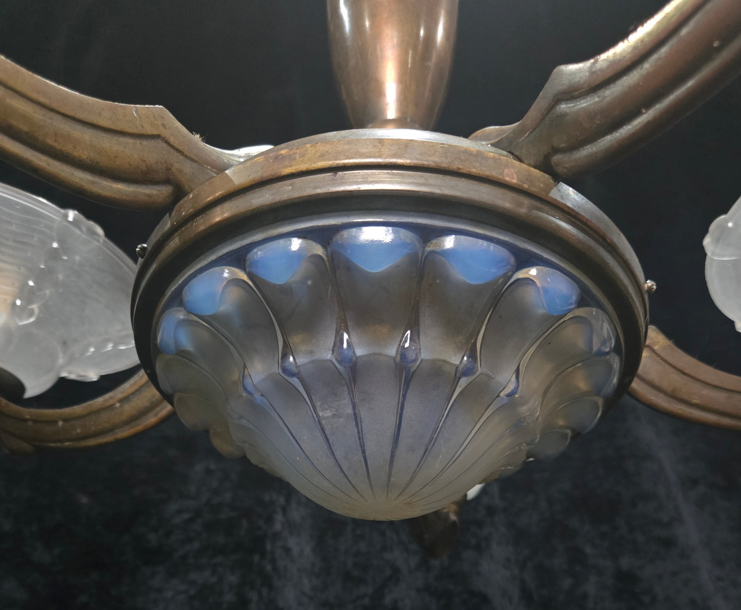 Large Antique French EZAN Art Deco 5 Arm 6 Light Brass Heavy Chandelier Light