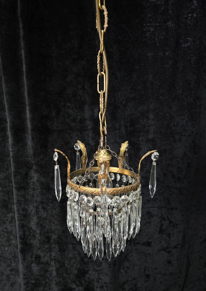 Beautiful Antique French Crystal Waterfall Brass Leaf Chandelier Ceiling Light