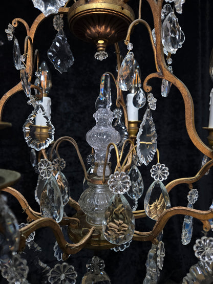 Stunning Antique French 6 Arm Cage Bronze Crystal Chandelier Ceiling Light