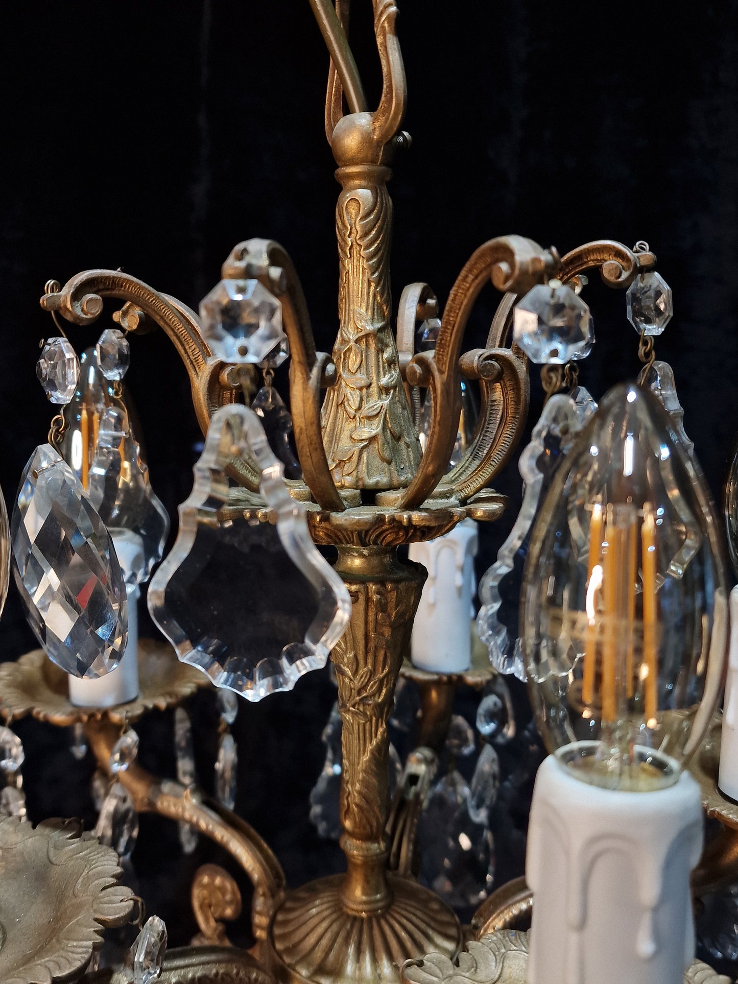 Beautiful Antique French 5 Arm Brass and Crystal Chandelier Ceiling Light