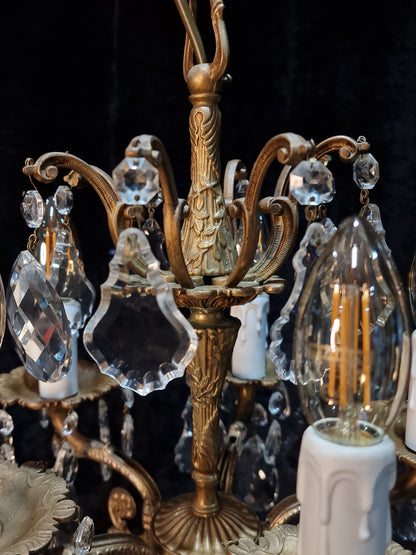 Beautiful Antique French 5 Arm Brass and Crystal Chandelier Ceiling Light