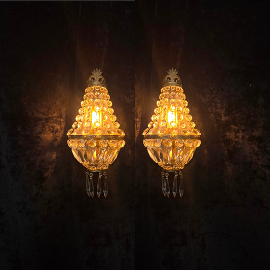 Stunning Pair Vintage French Brass Crystal Montgolfiere Sconces Wall Lights