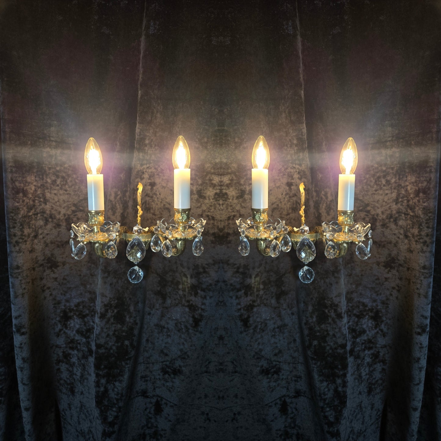 Fabulous Pair of Heavy Brass Vintage French 2 Arm Crystal Wall Lights Sconces
