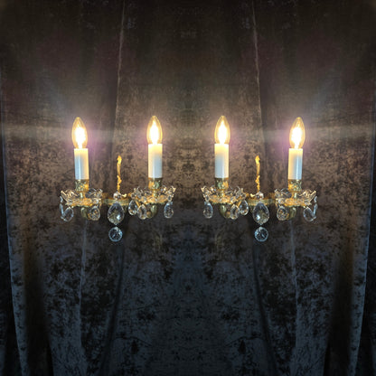Fabulous Pair of Heavy Brass Vintage French 2 Arm Crystal Wall Lights Sconces