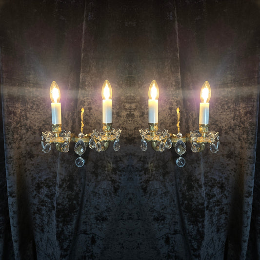 Fabulous Pair of Heavy Brass Vintage French 2 Arm Crystal Wall Lights Sconces
