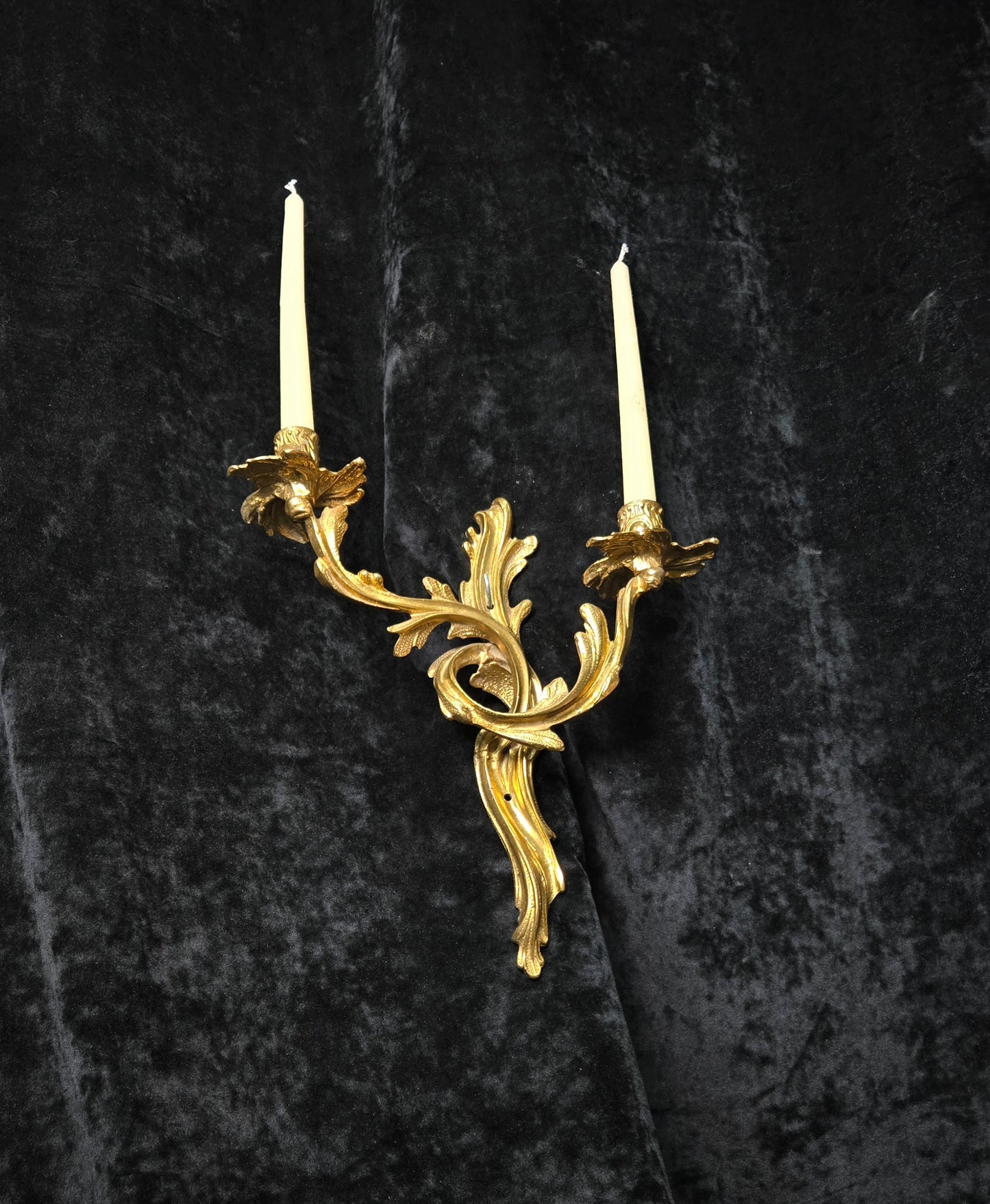 Beautiful Single Antique French Gilt Bronze Brass 2 Arm Leaf Candle Wall Light