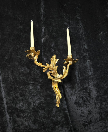 Beautiful Single Antique French Gilt Bronze Brass 2 Arm Leaf Candle Wall Light