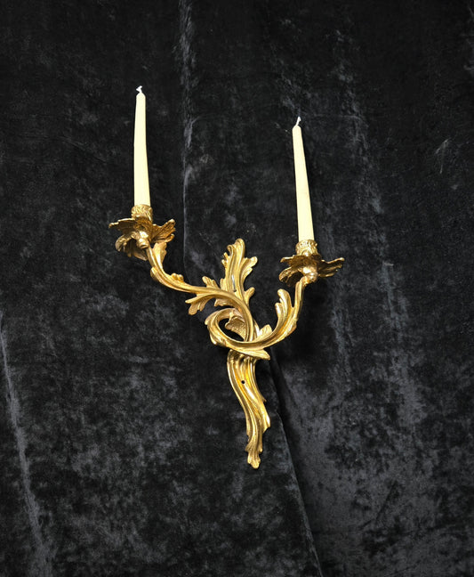 Beautiful Single Antique French Gilt Bronze Brass 2 Arm Leaf Candle Wall Light