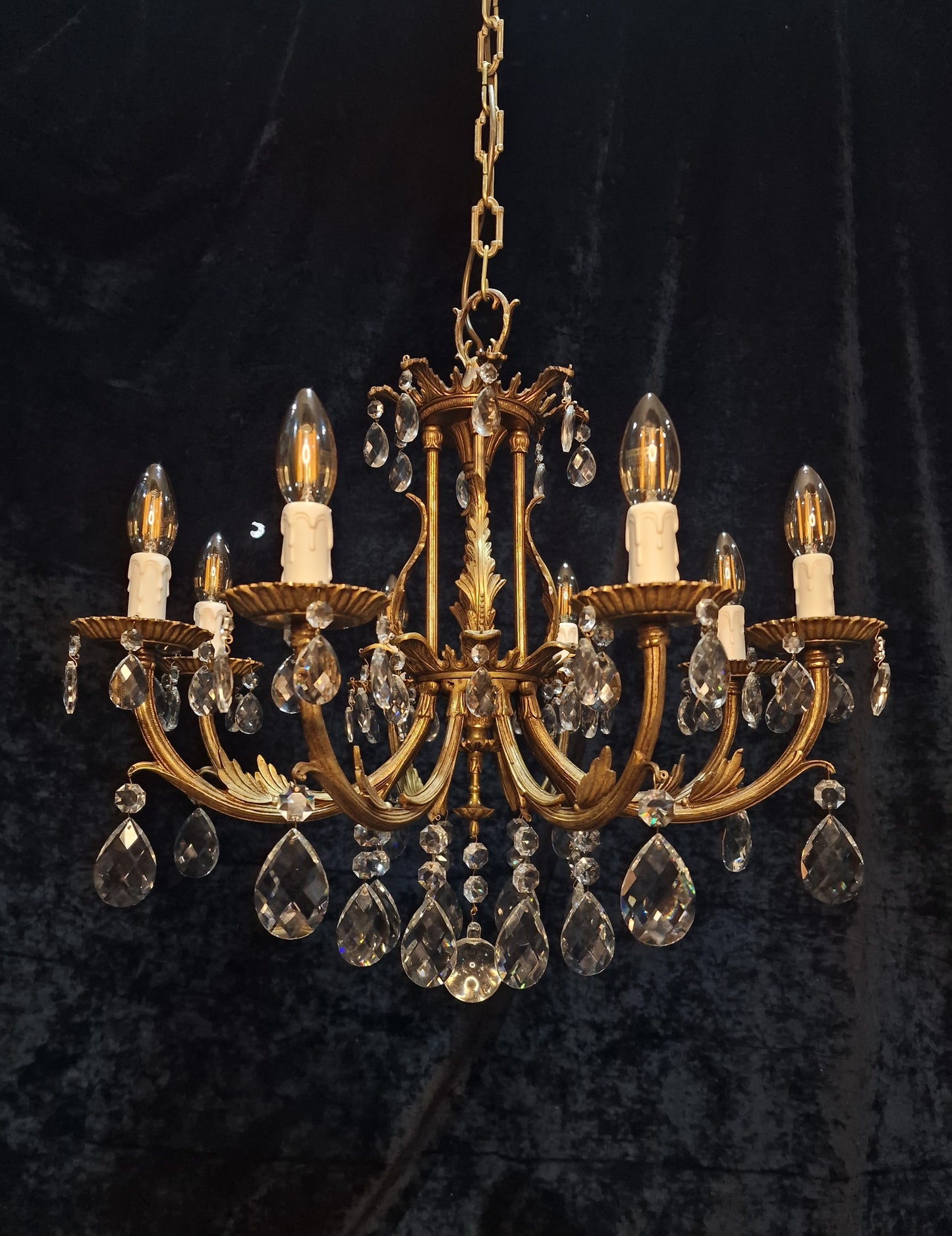 Stunning Heavy Large Antique Vintage French Brass Crystal 8 Arm Chandelier Light