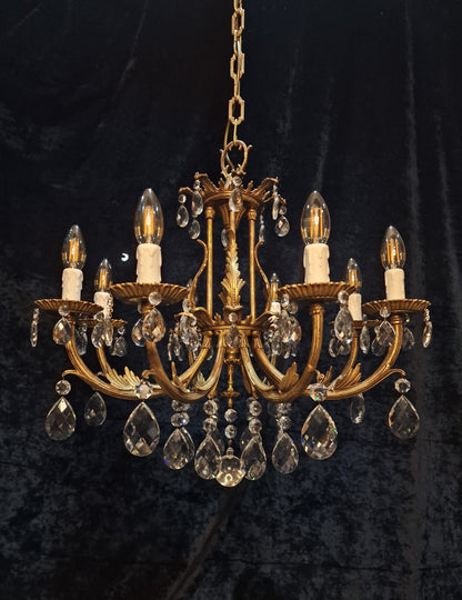 Stunning Heavy Large Antique Vintage French Brass Crystal 8 Arm Chandelier Light