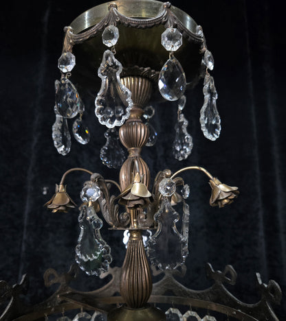 Beautiful Vintage Italian Brass 3 Light Crystal Bag Bows and Roses Chandelier