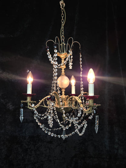 Stunning Antique French 3 Arm Glass Garnet Crystal Chandelier Ceiling Light