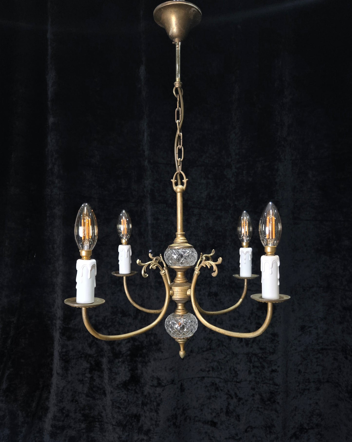 Classical Vintage French 4 Arm Lacquered Brass Crystal Chandelier Ceiling Light