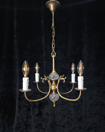 Classical Vintage French 4 Arm Lacquered Brass Crystal Chandelier Ceiling Light