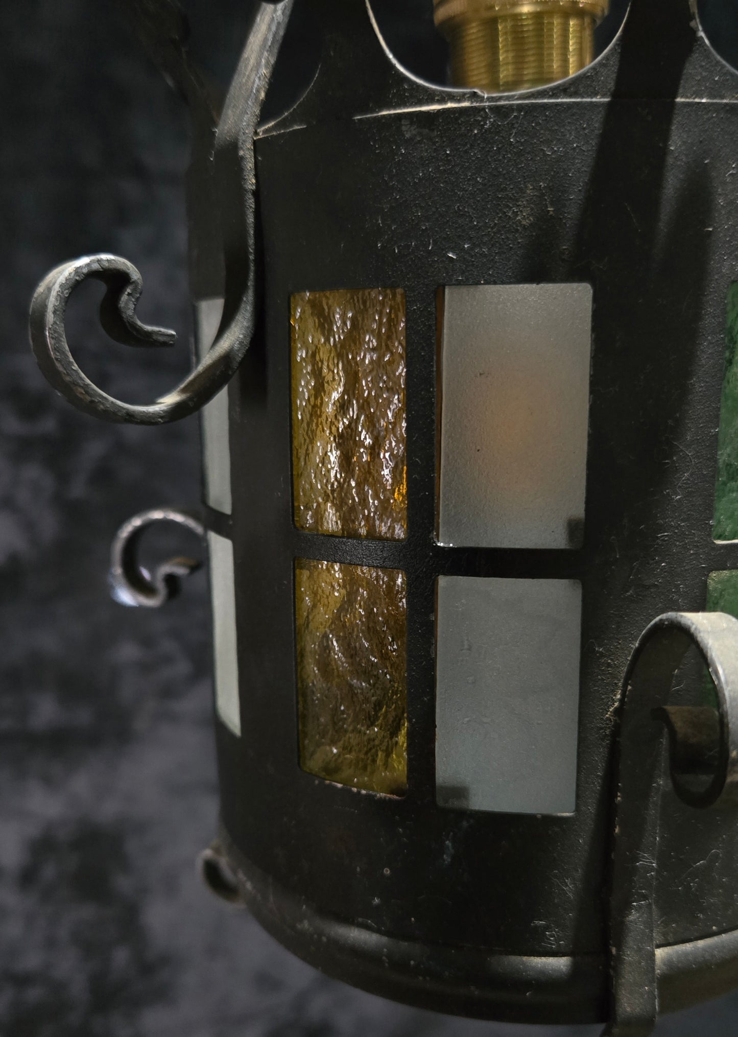 Lovely Petite Vintage French Wrought Iron Gothic Coloured Glass Lantern Light