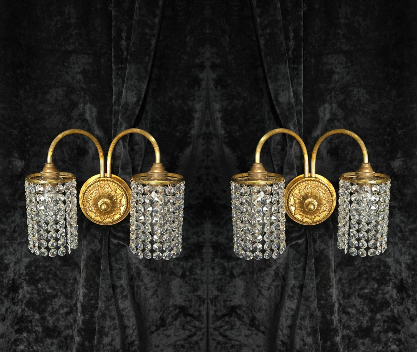 Beautiful Pair of Vintage French 2 Arm Brass Wall Lights with Crystal Shades