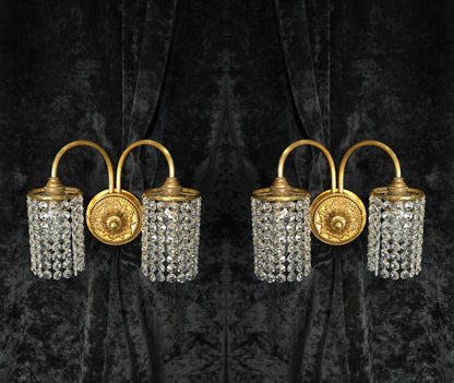 Beautiful Pair of Vintage French 2 Arm Brass Wall Lights with Crystal Shades