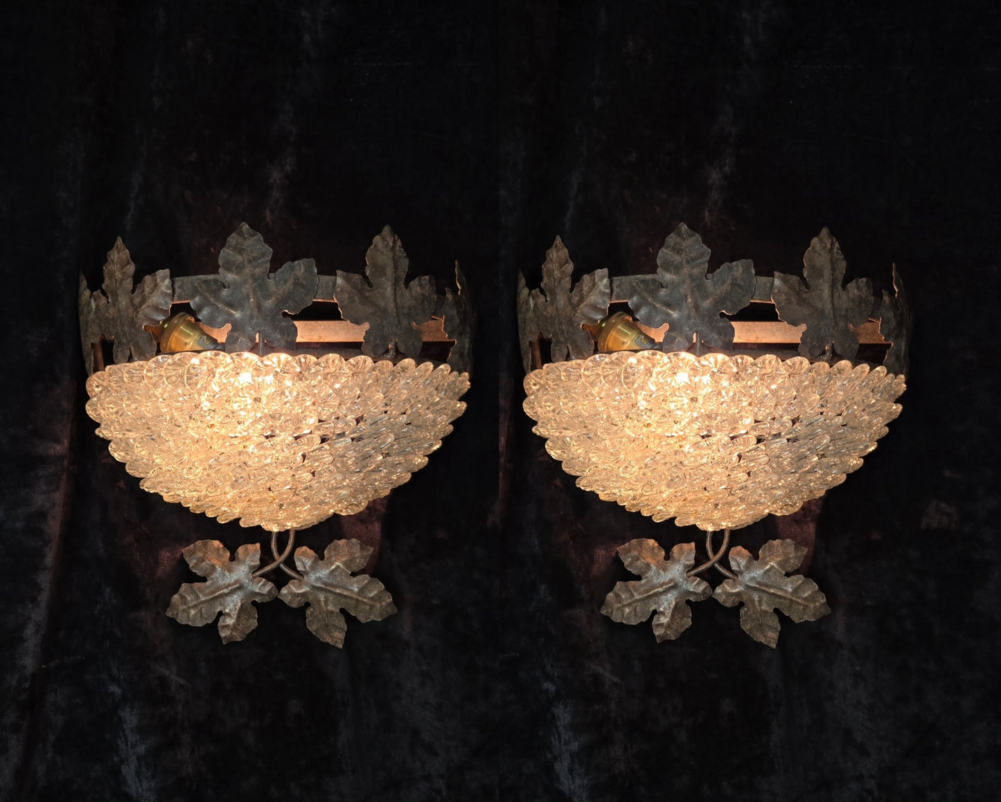 Fabulous Pair Vintage French Iron Murano Glass Basket Leaf Wall Lights Sconces