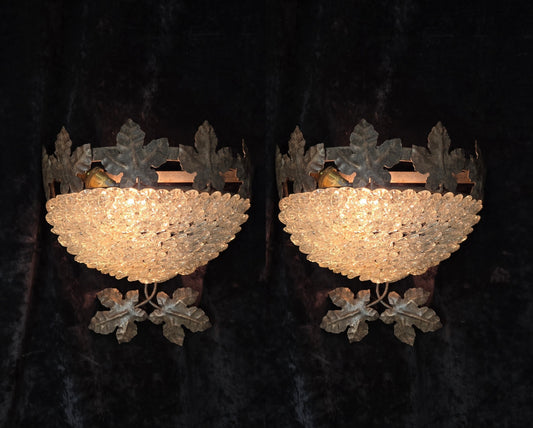 Fabulous Pair Vintage French Iron Murano Glass Basket Leaf Wall Lights Sconces