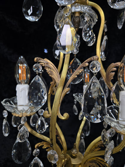 Beautiful Vintage Italian 3 Arm Brass Crystal Cage Leaf Chandelier Ceiling Light