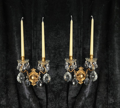 Gorgeous Pair of Vintage Italian 2 Arm Brass Crystal Candle Wall Lights Sconces
