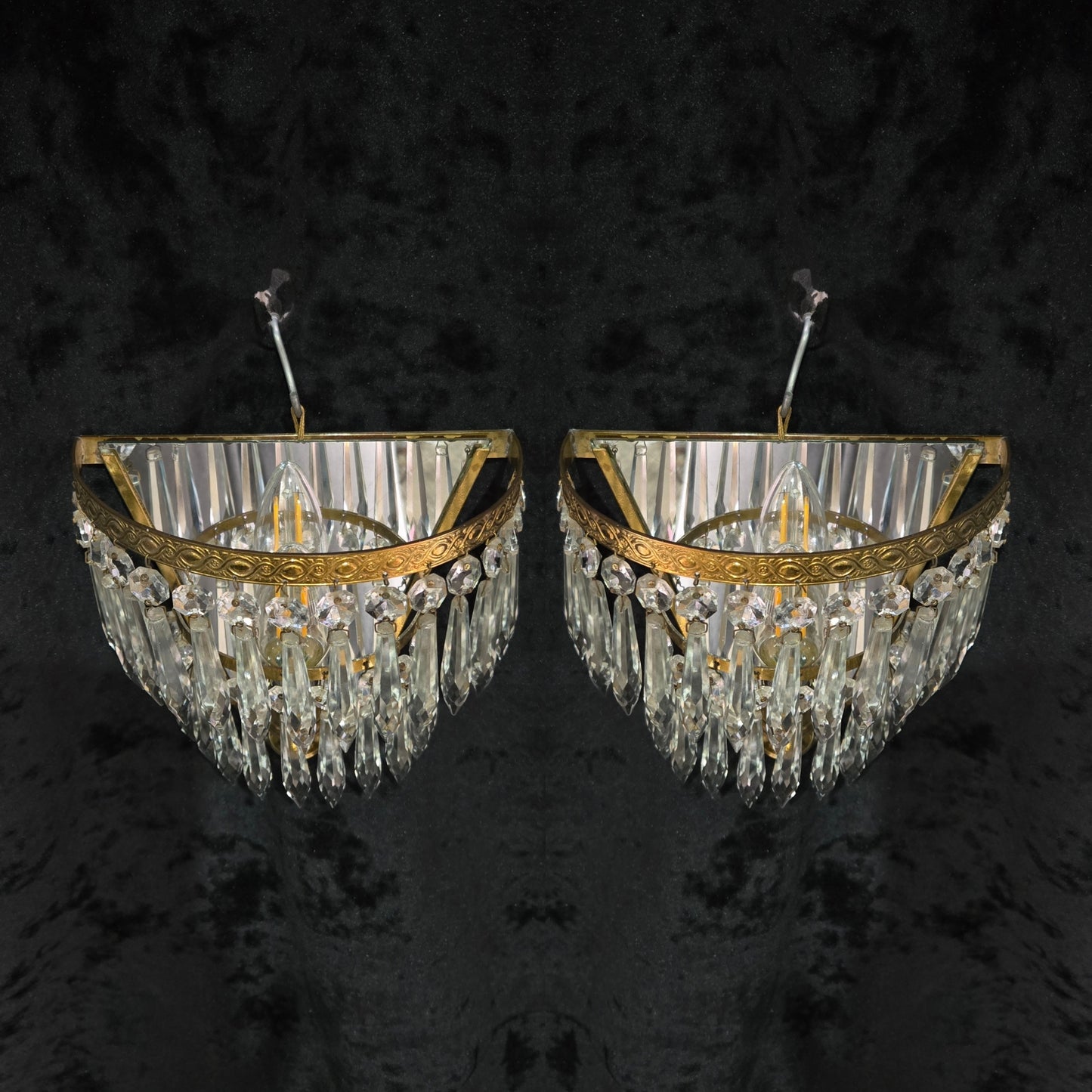 Lovely Pair Antique French 1 Light Crystal Brass Waterfall Mirror Wall Sconces