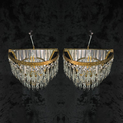 Lovely Pair Antique French 1 Light Crystal Brass Waterfall Mirror Wall Sconces