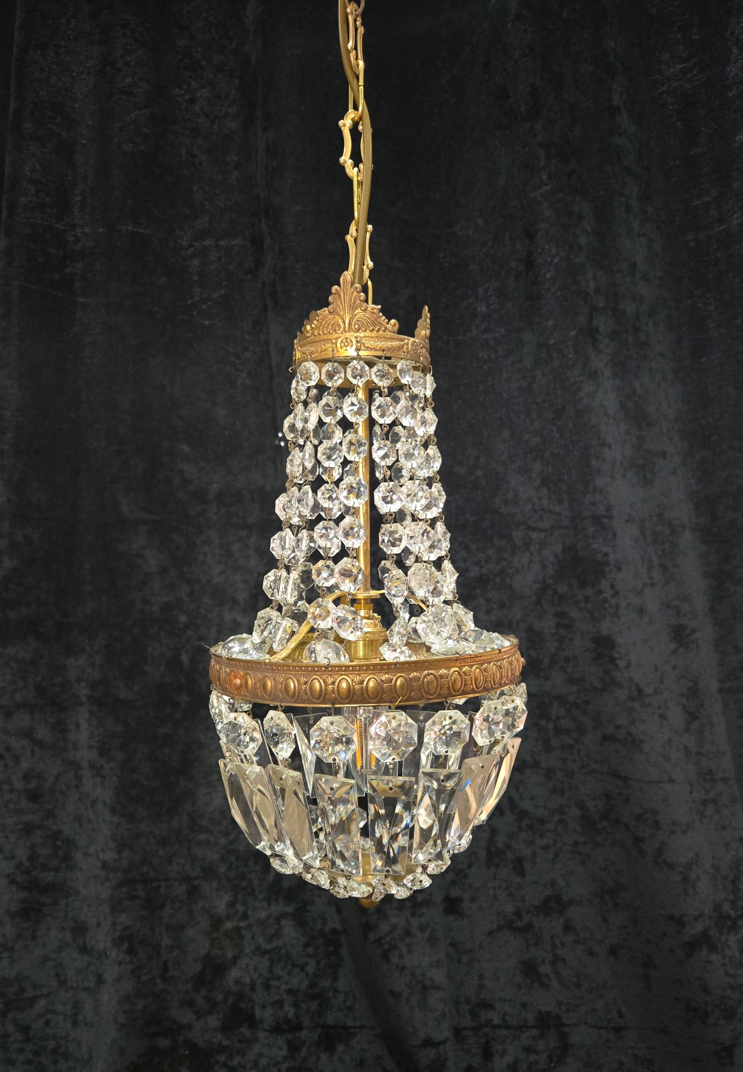 Traditional Antique French 1 Light Brass and Crystal Montgolfiere Chandelier