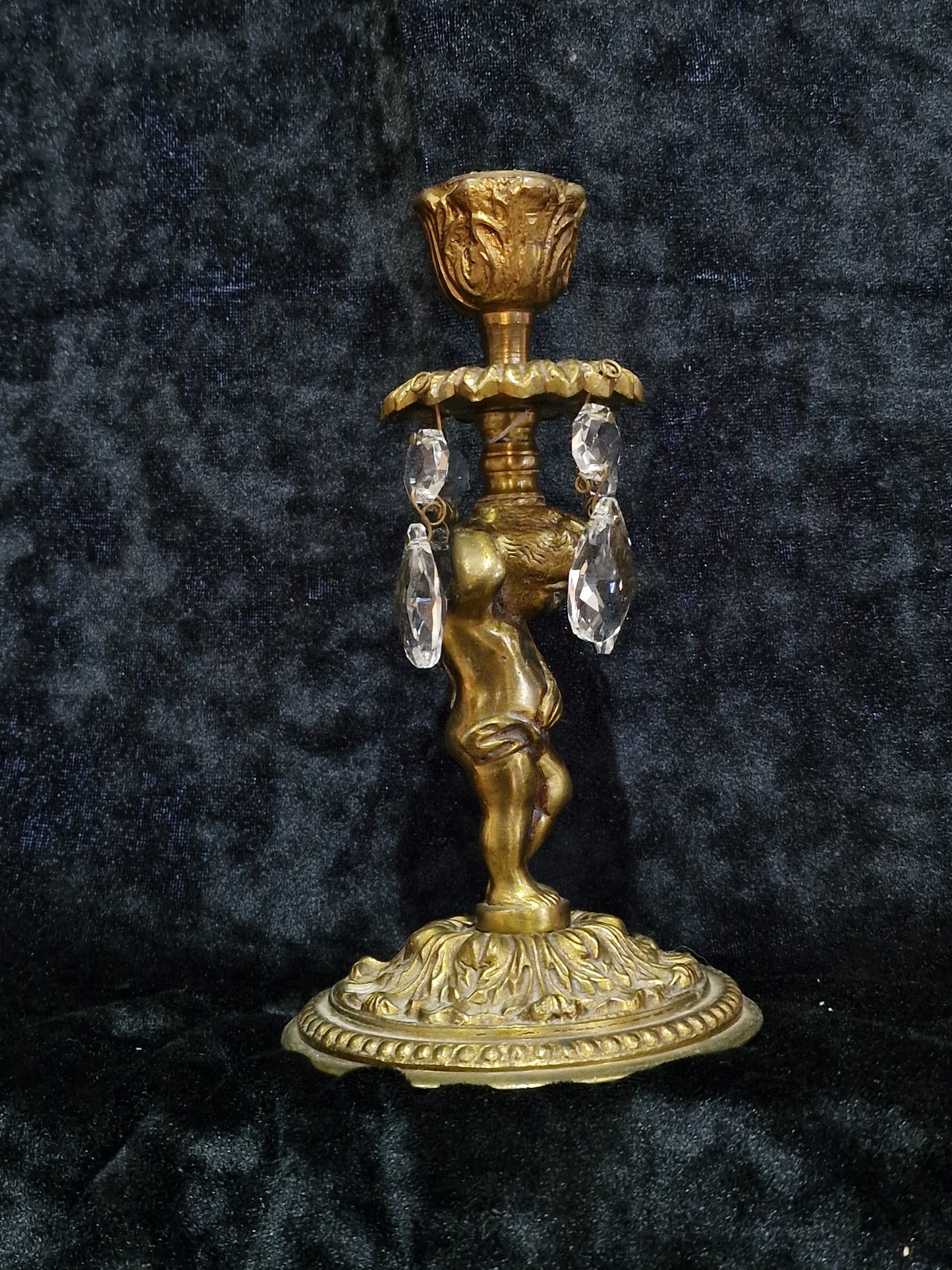 Lovely Pair of Vintage French Solid Brass Crystal Cherub Candlesticks