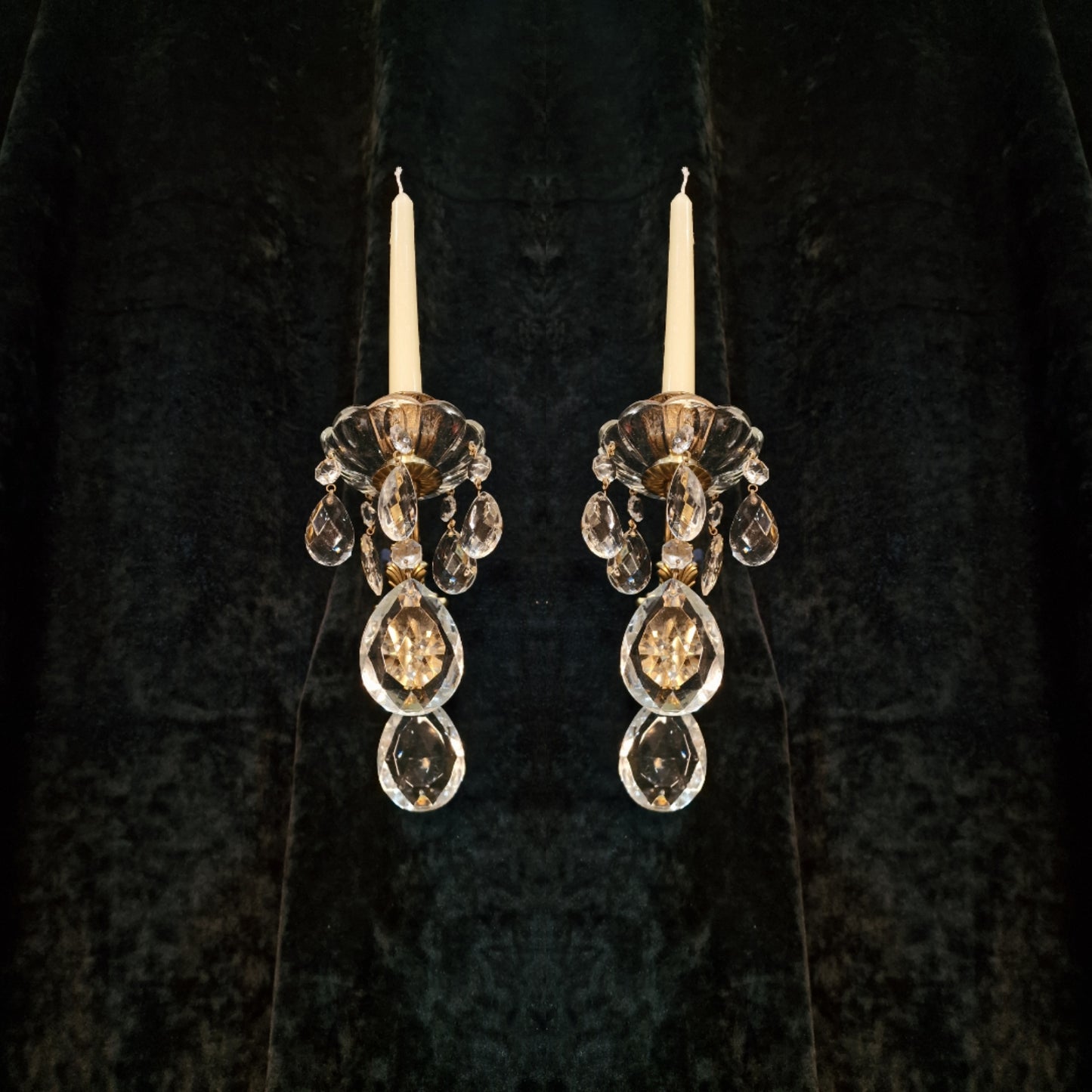 Lovely Pair Vintage Italian 1 Arm Brass Crystal Candle Wall Lights Wall Sconces