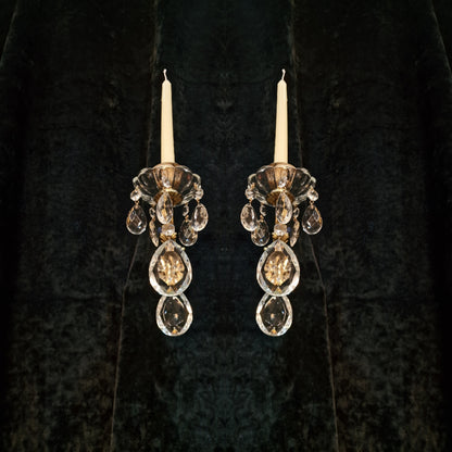 Lovely Pair Vintage Italian 1 Arm Brass Crystal Candle Wall Lights Wall Sconces