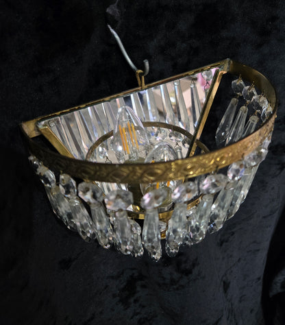 Lovely Pair Antique French 1 Light Crystal Brass Waterfall Mirror Wall Sconces